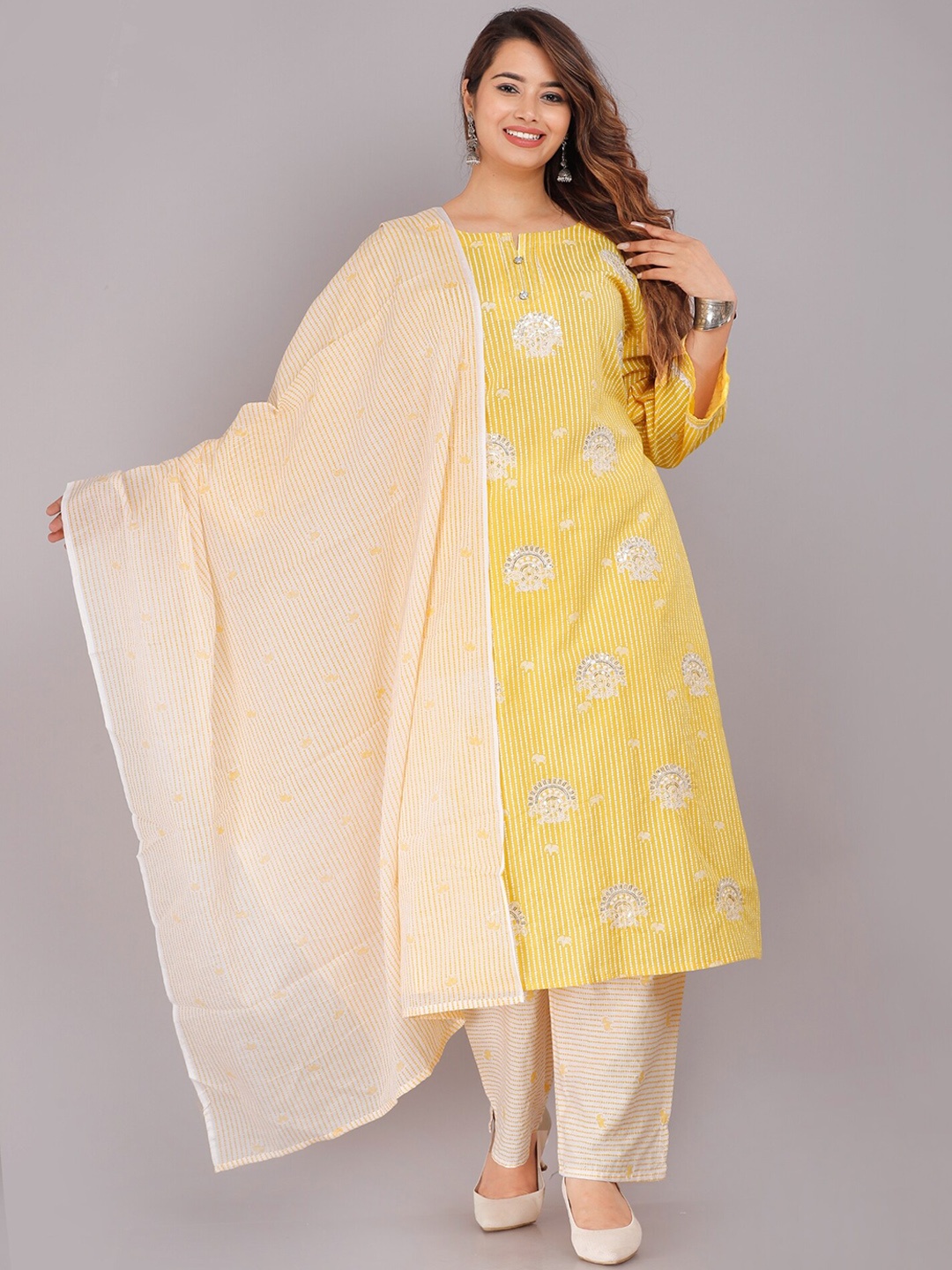 

KALINI Ethnic Motifs Printed Pure Cotton Kurta with Trousers & Dupatta, Yellow