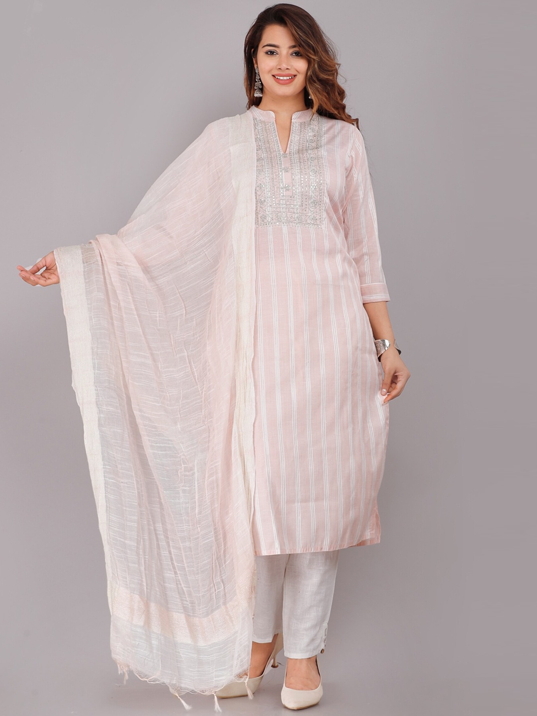 

KALINI Striped Kurta with Trousers & Dupatta, Pink