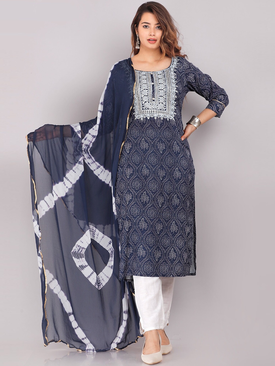 

KALINI Ethnic Motifs Printed Pure Cotton Kurta with Trousers & Dupatta, Navy blue