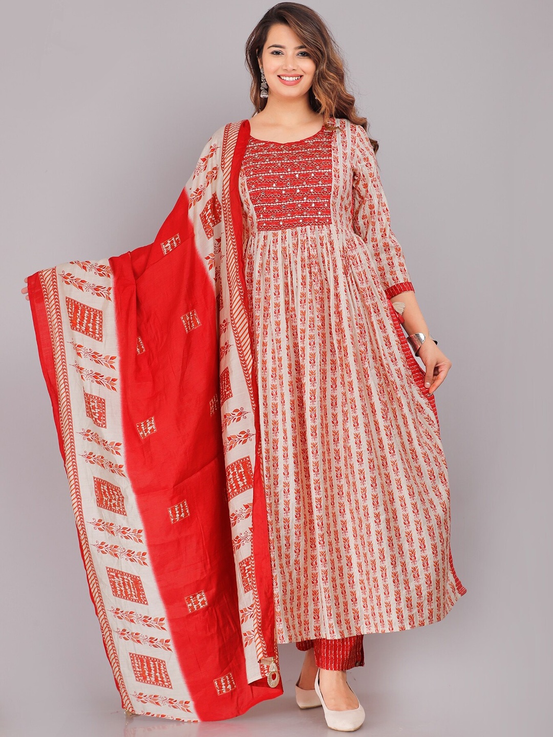 

KALINI Floral Yoke Design Kurta with Trousers & Pure Cotton Dupatta, Red