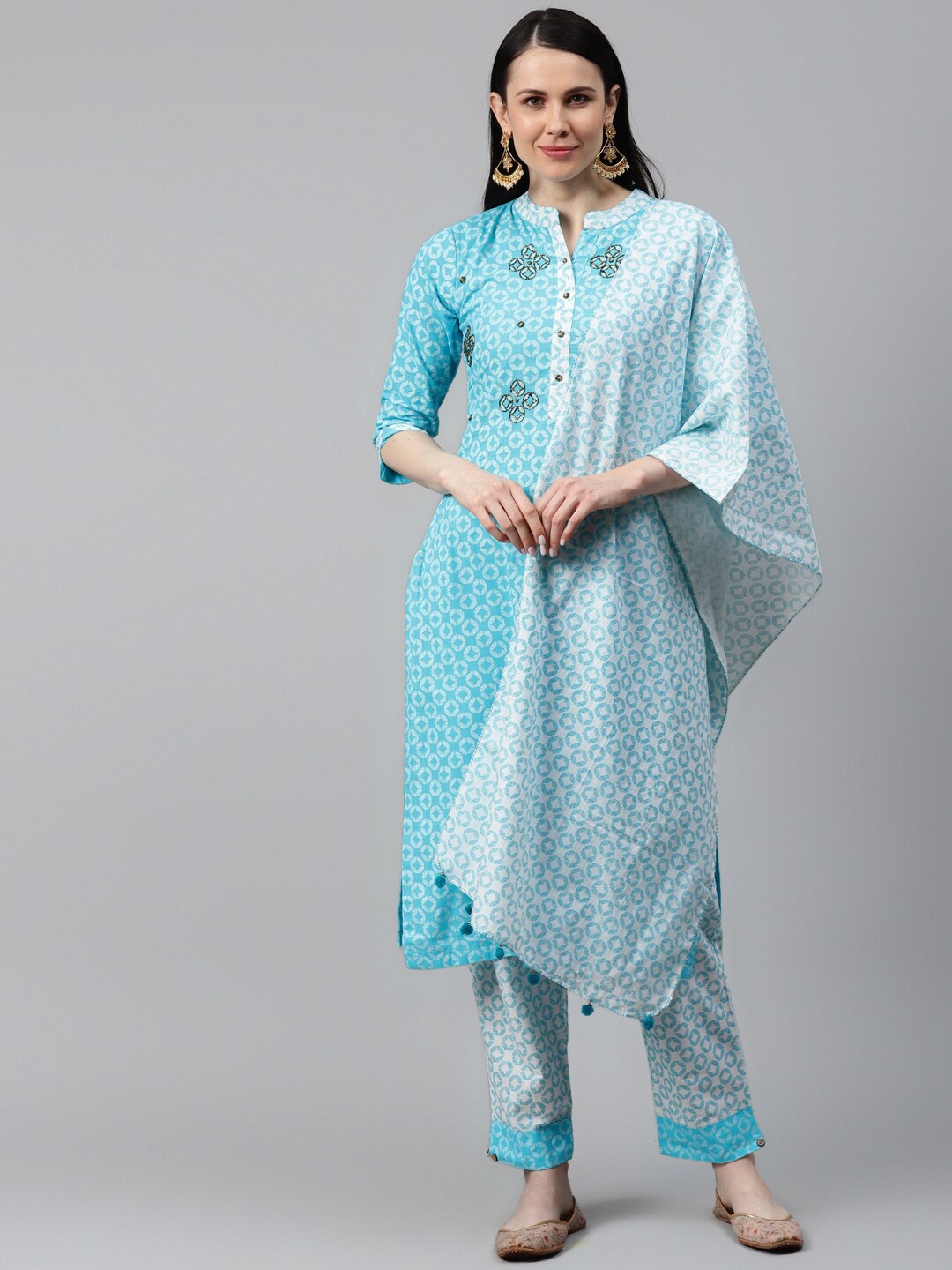 

KALINI Geometric Printed Pure Cotton Kurta with Trousers & Dupatta, Blue