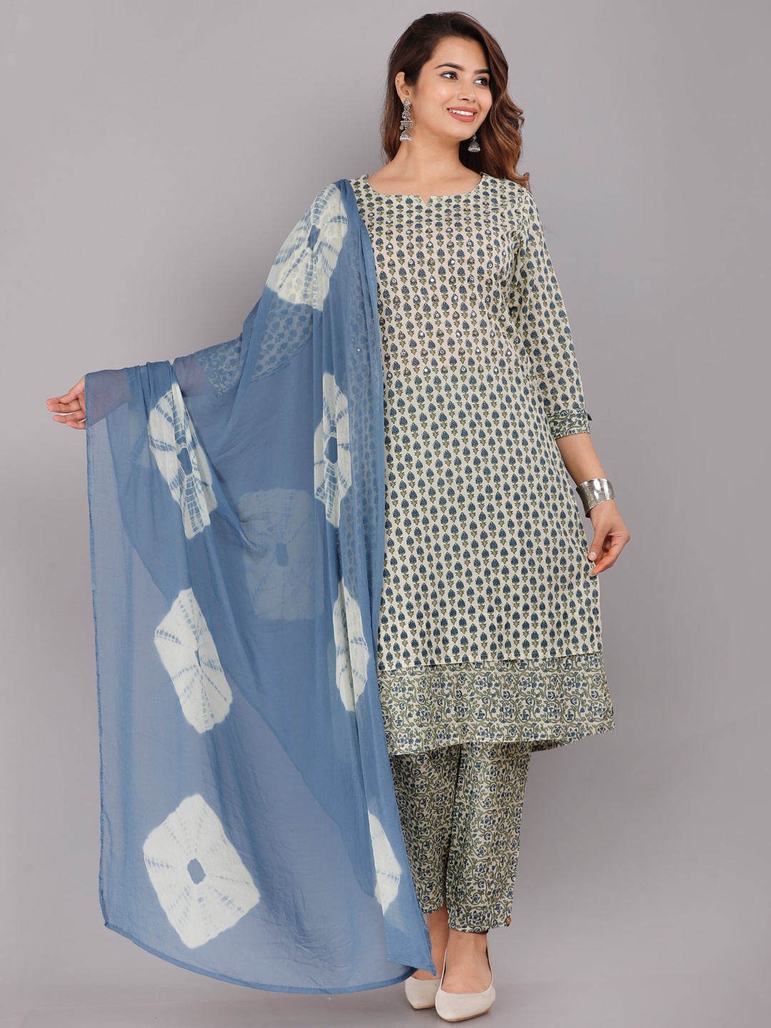 

KALINI Ethnic Motifs Printed Pure Cotton Kurta with Trousers & Dupatta, Blue