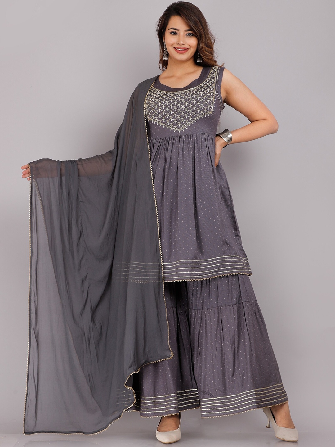 

KALINI Women Ethnic Yoke Design Sequinned Kurta with Sharara & Dupatta, Grey