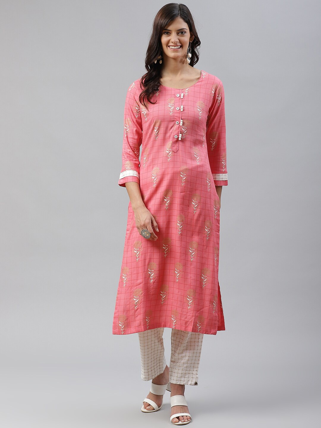 

KALINI Women Floral Woven Design Pure Cotton Kurta with Trousers, Peach