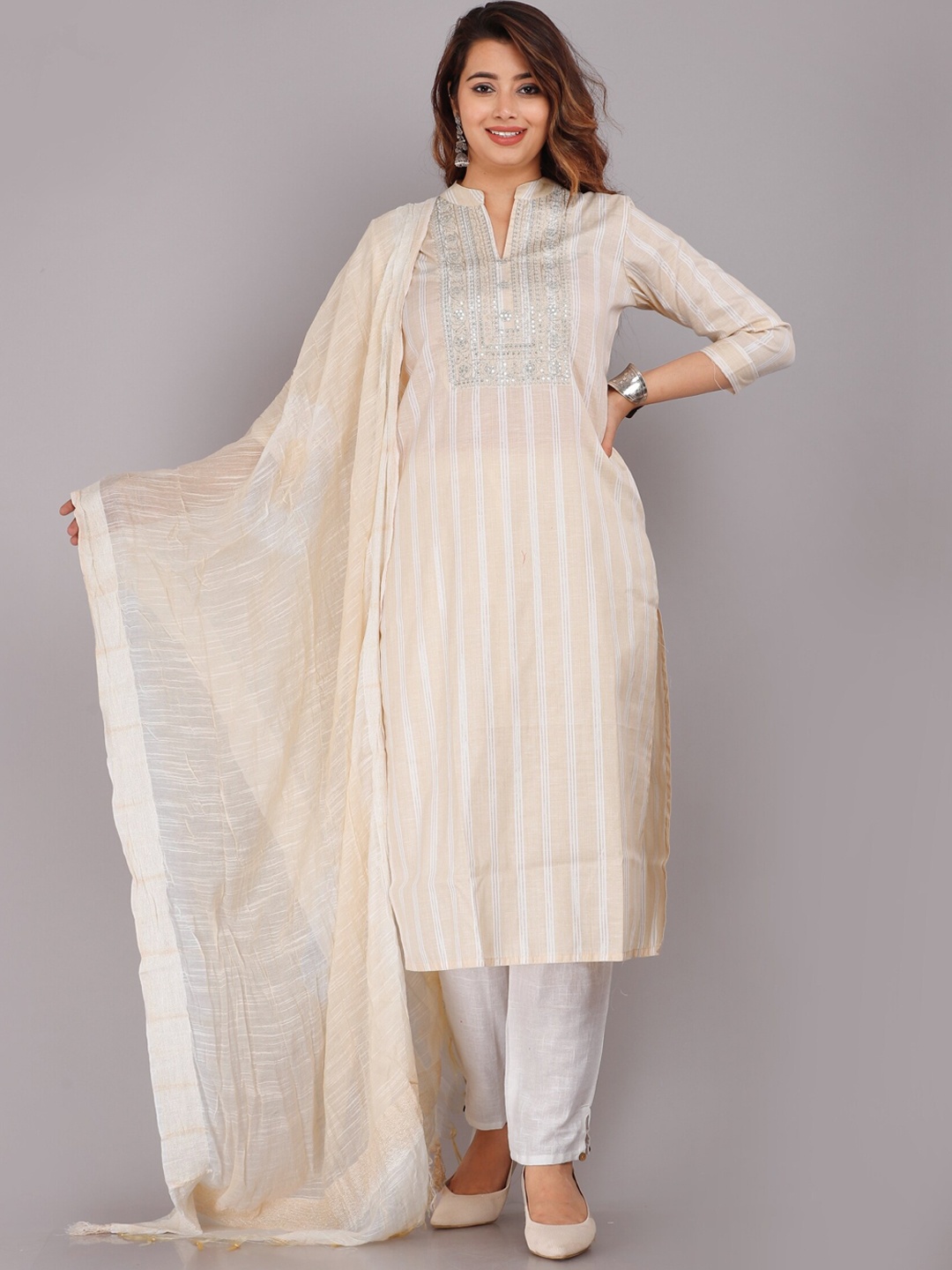

KALINI Women Striped Sequinned Kurta with Trousers & Dupatta, Beige