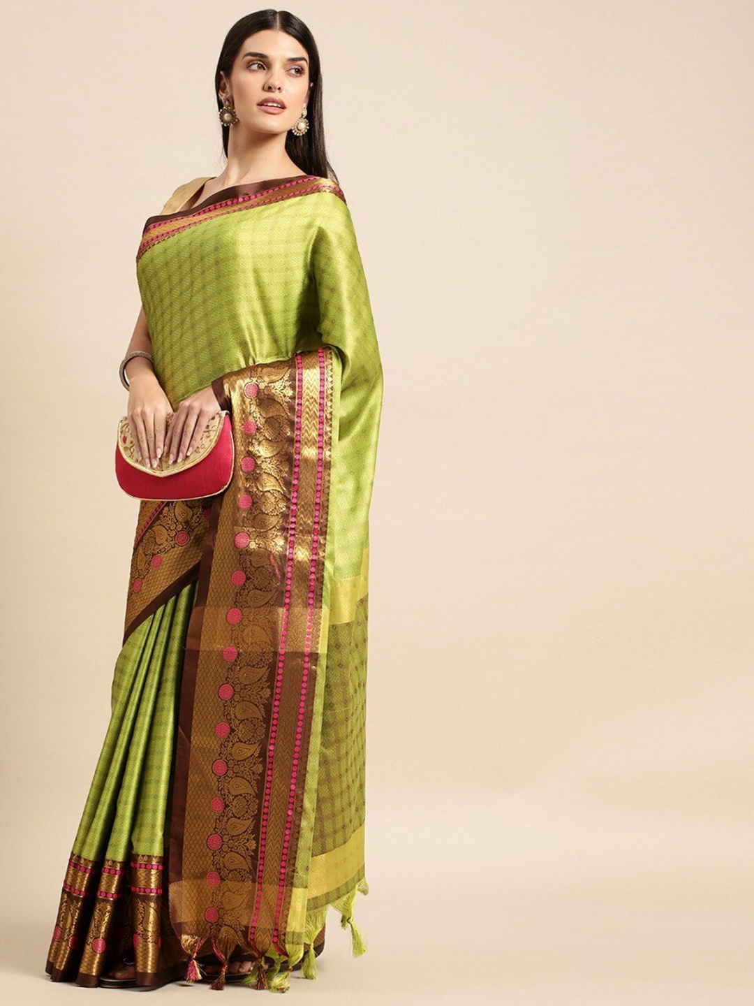 

M M Venture Woven Design Silk Cotton Saree, Green