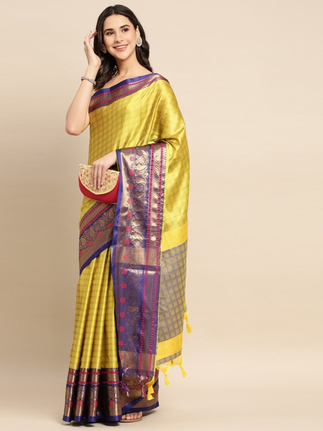 

M M Venture Woven Design Silk Cotton Saree, Yellow