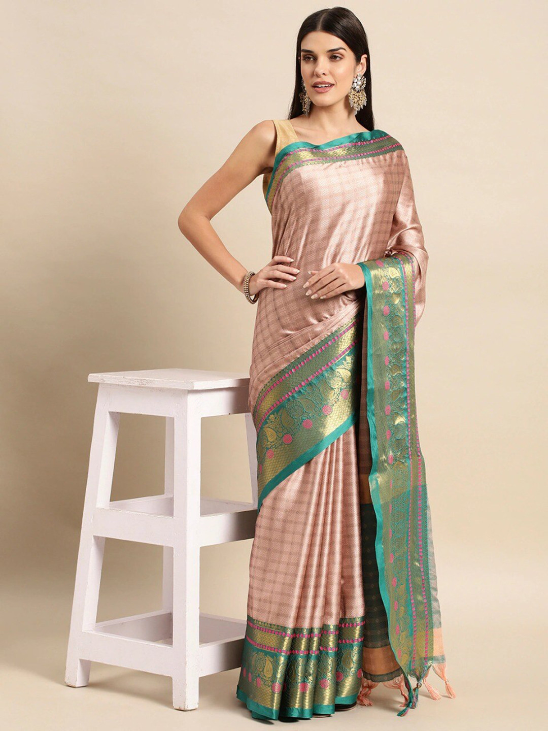 

M M Venture Woven Design Silk Cotton Saree, Peach