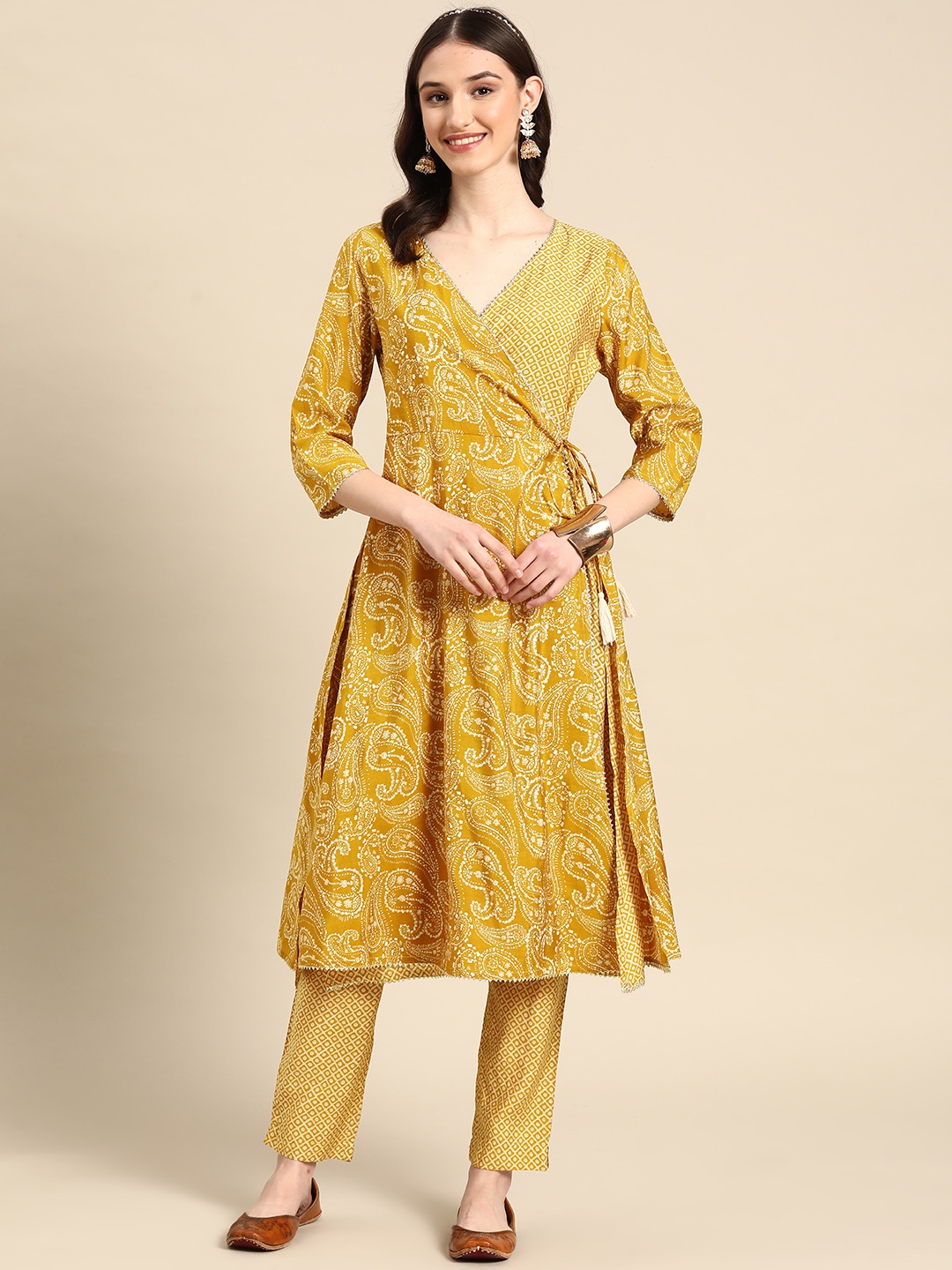 

Sangria Women Mustard Yellow Ethnic Motifs Printed Angrakha Gotta Patti Kurta with Trousers