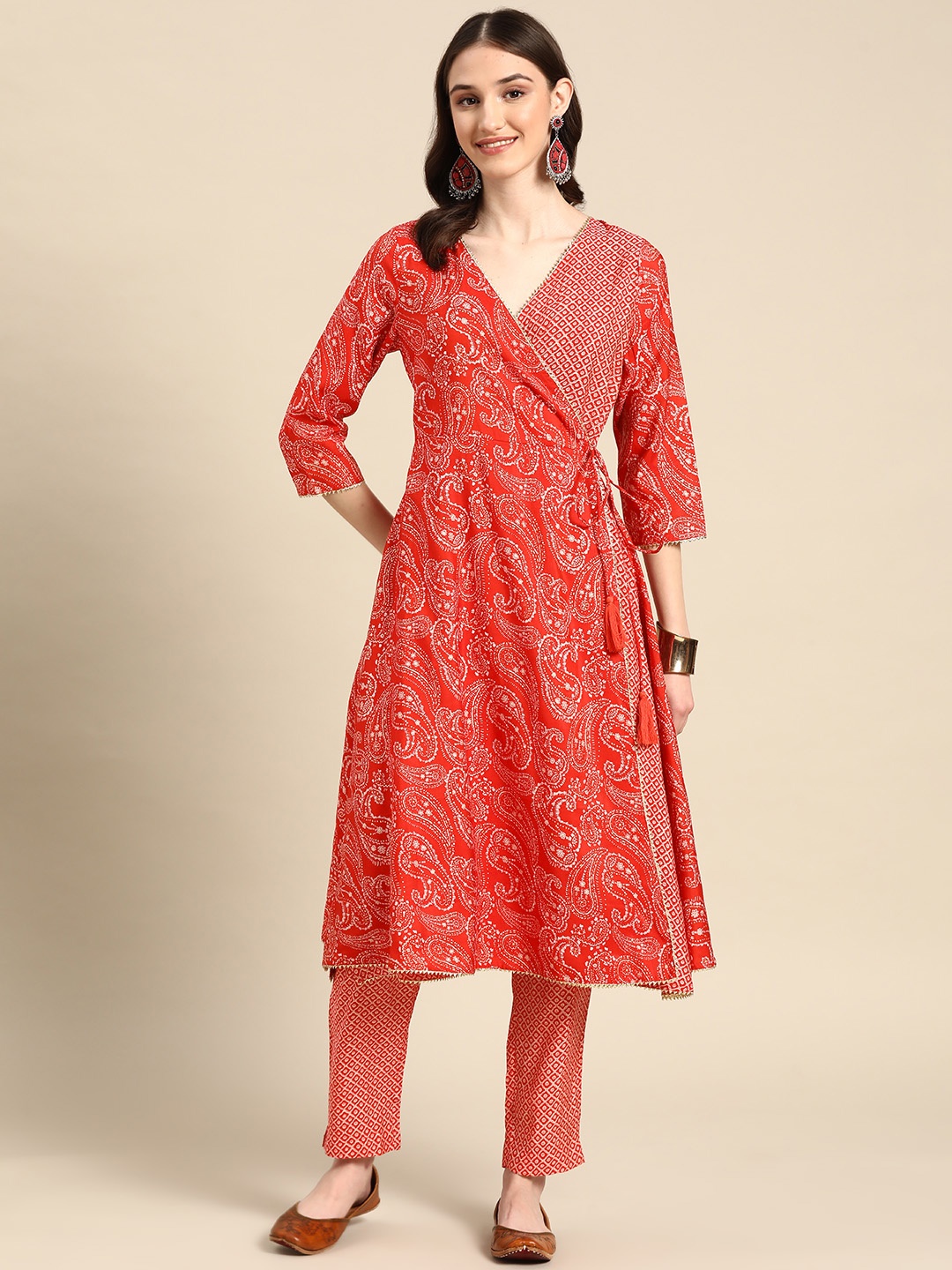 

Sangria Women Red Ethnic Motifs Printed Angrakha Gotta Patti Kurta with Trousers