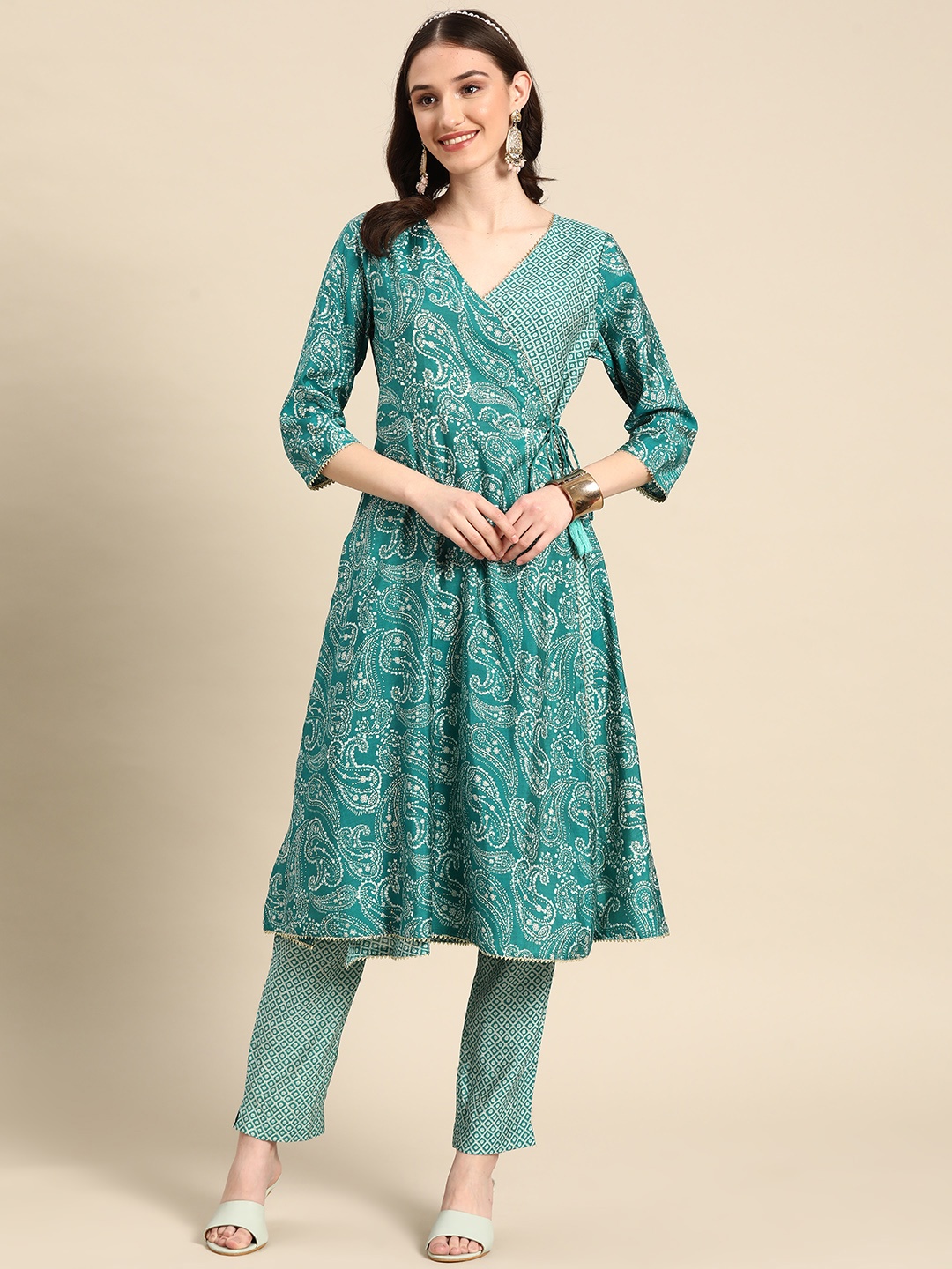 

Sangria Women Turquoise Blue Paisley Printed Angrakha Gotta Patti Kurta with Trousers