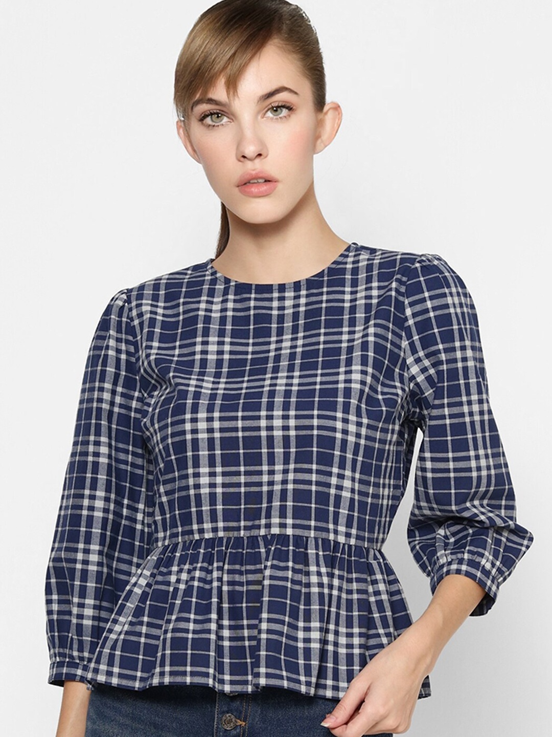 

ONLY Checked Peplum Top, Blue