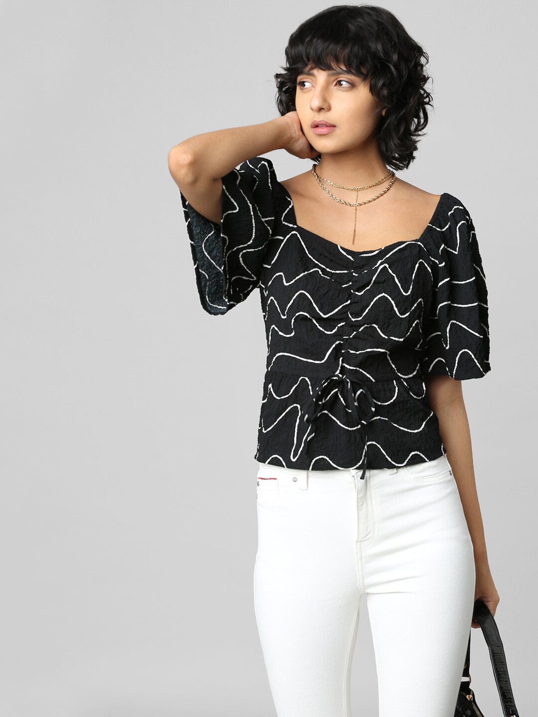 

ONLY Flared Sleeves Abstract Printed Top, Black