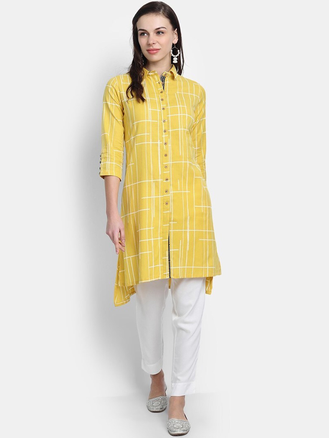 

fabGLOBAL Geometric Printed High Low Kurta, Mustard
