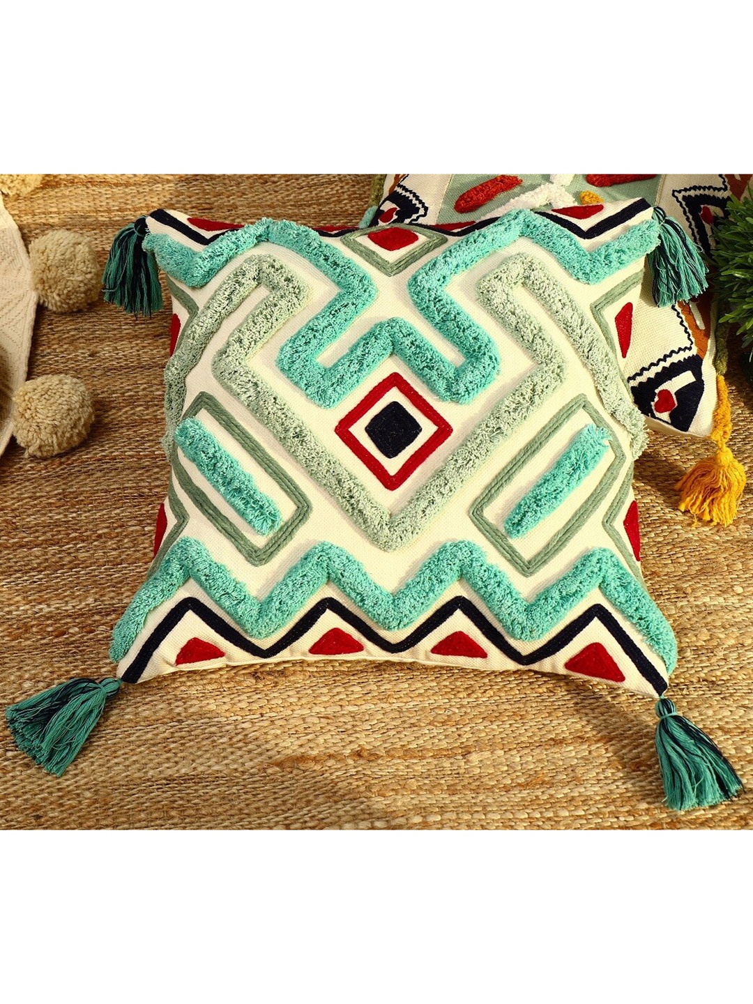 

HERE&NOW Green & Red Square Cotton Cushion Cover