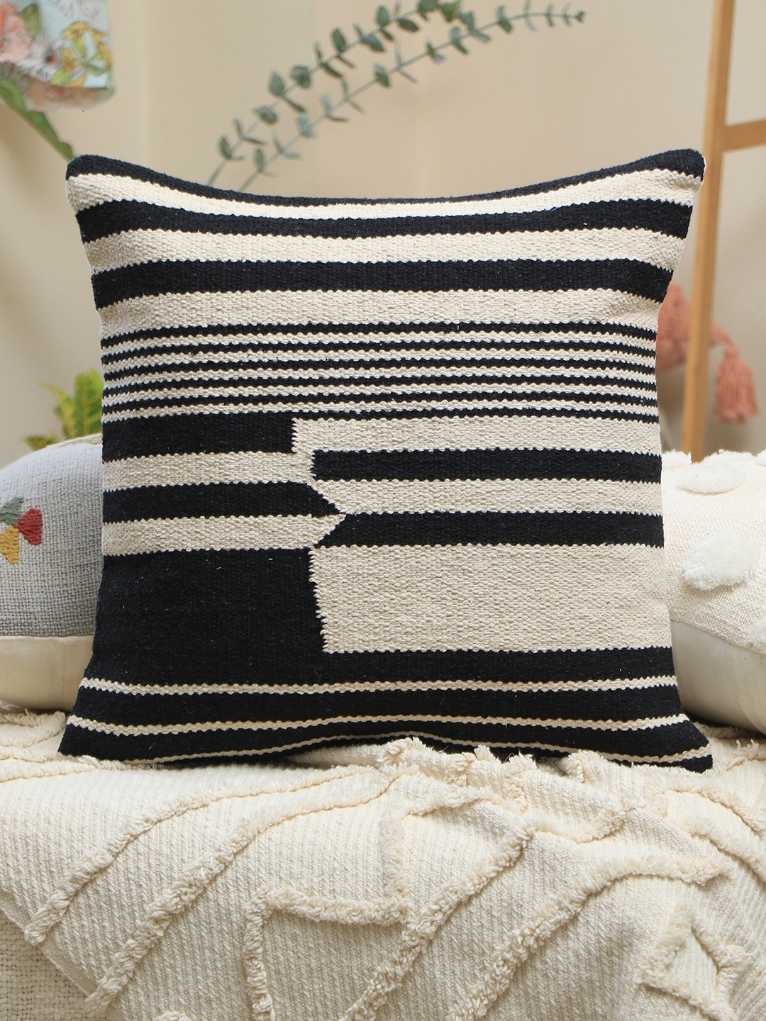 

HERE&NOW Off White & Black Striped Square Cotton Cushion Cover
