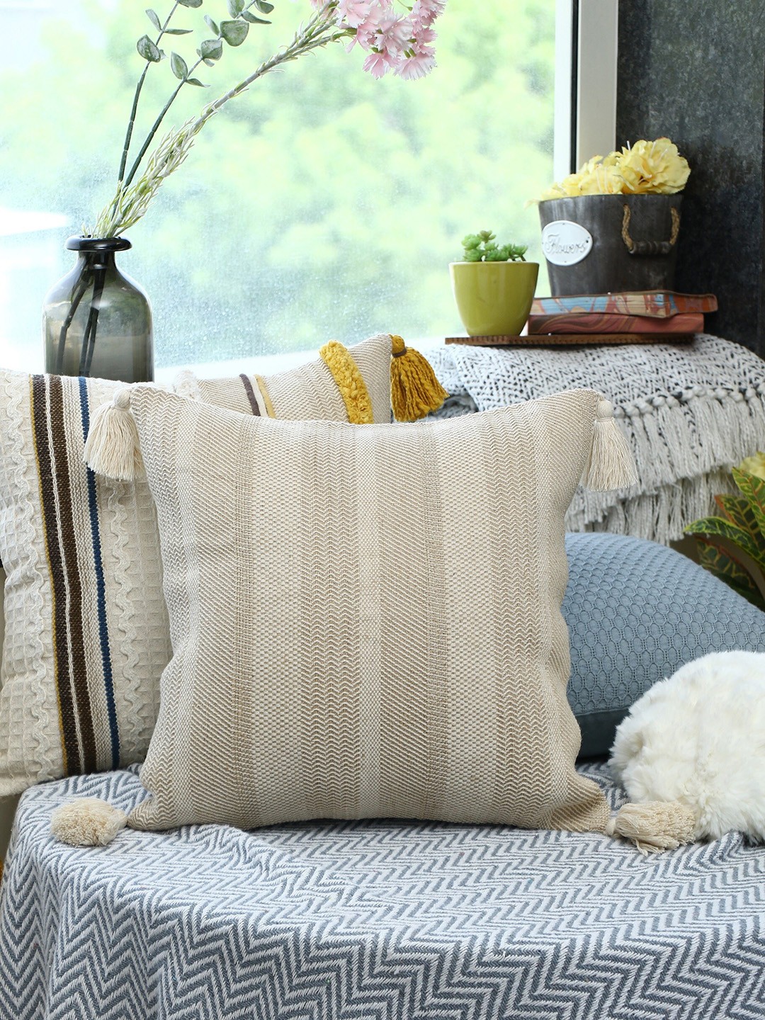 

HERE&NOW Beige Striped Square Cotton Cushion Cover
