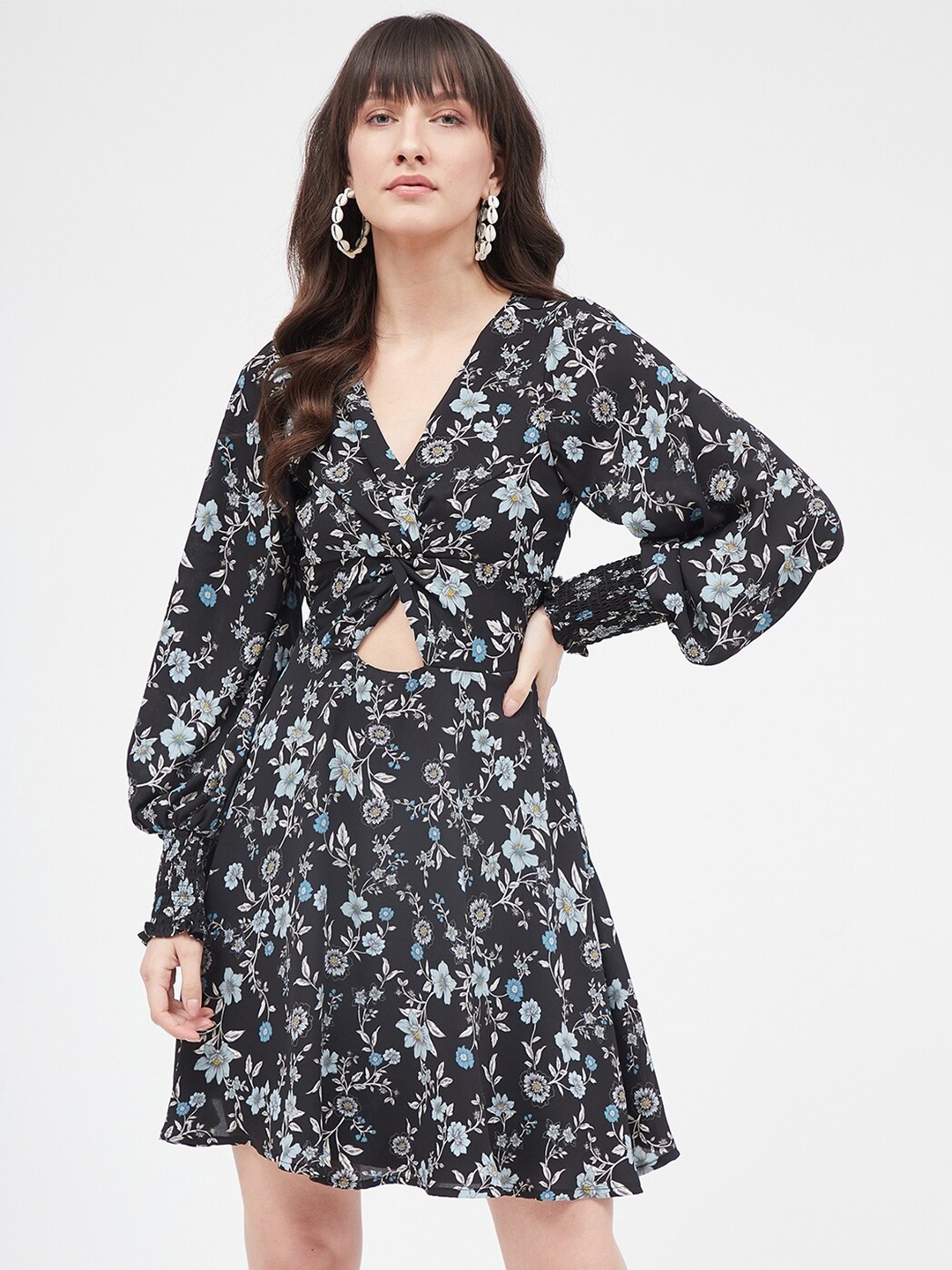

Kibo Floral Printed V-Neck Cut-Outs A-Line Dress, Black