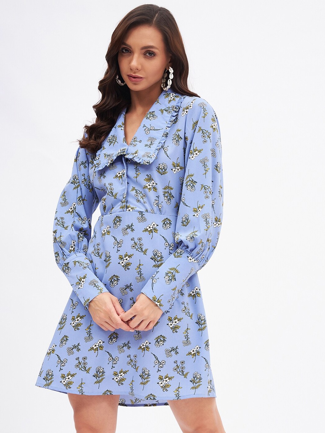 

Kibo Floral Printed Cuffed Sleeves A-Line Dress, Blue