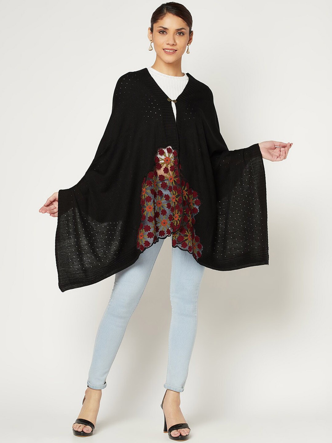 

Knitstudio Women Embroidered Knitted Shawl, Black