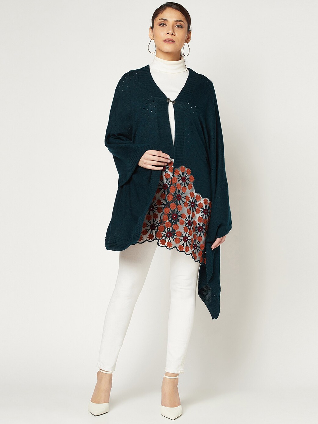 

Knitstudio Women Embroidered Knitted Shawl, Teal