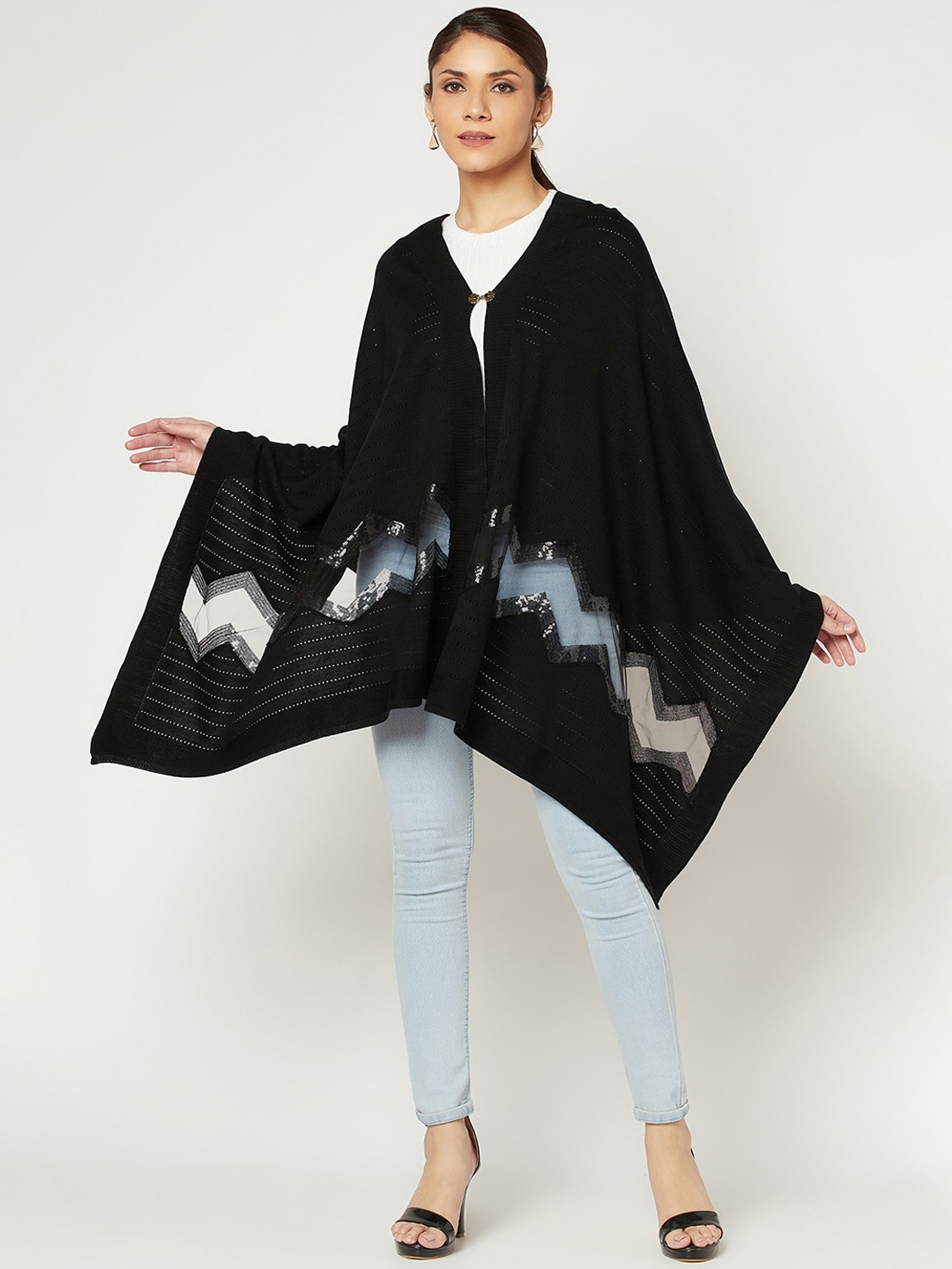 

Knitstudio Knitted Sequin Embroidered Casual Shawl, Black