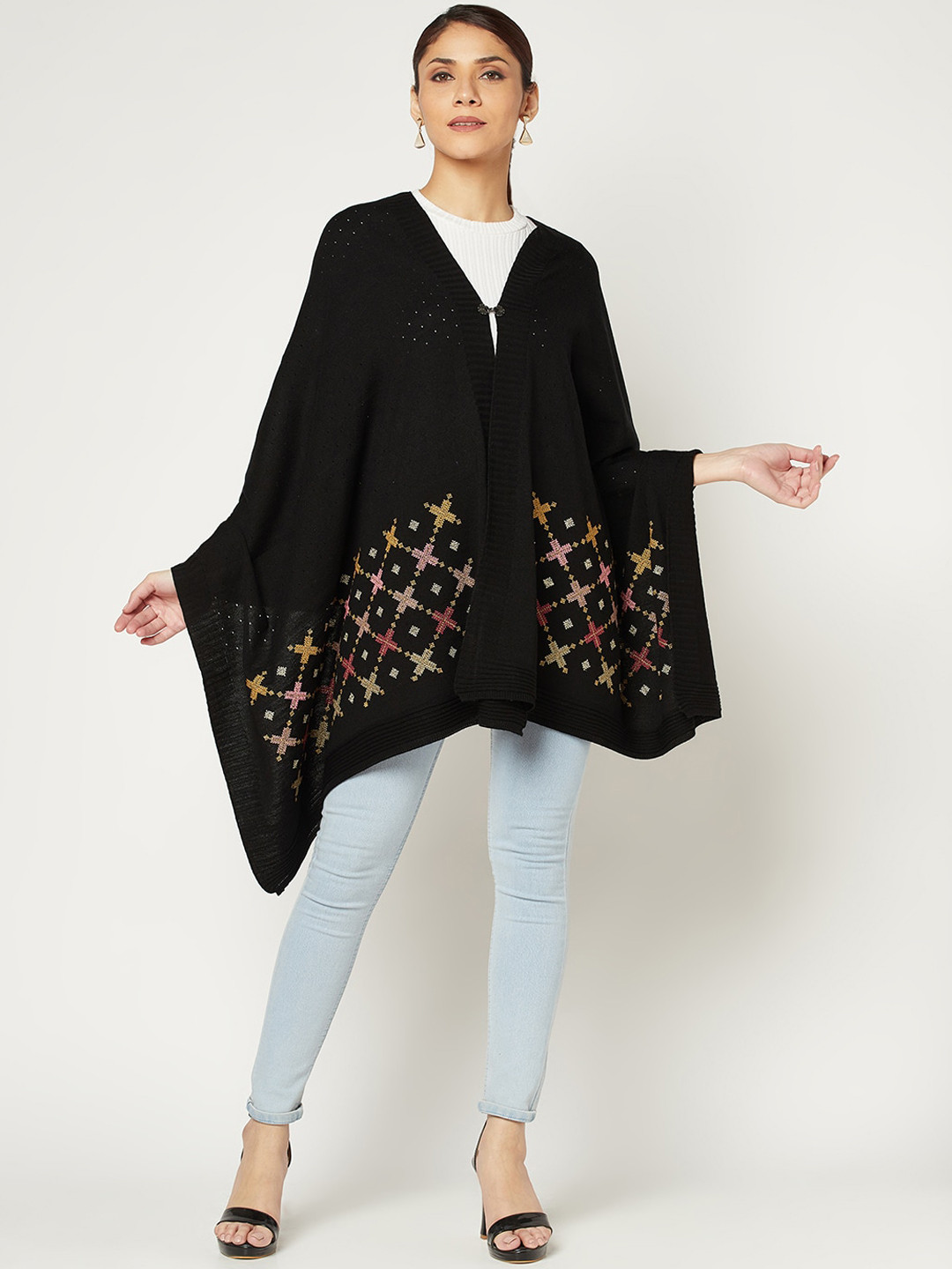 

Knitstudio Women Self-Design Knitted Shawl, Black