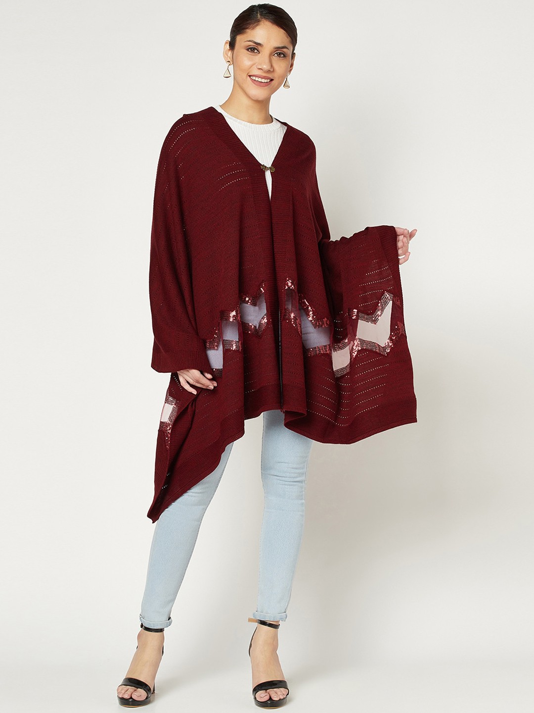 

Knitstudio Women Embroidered Knitted Shawl, Maroon