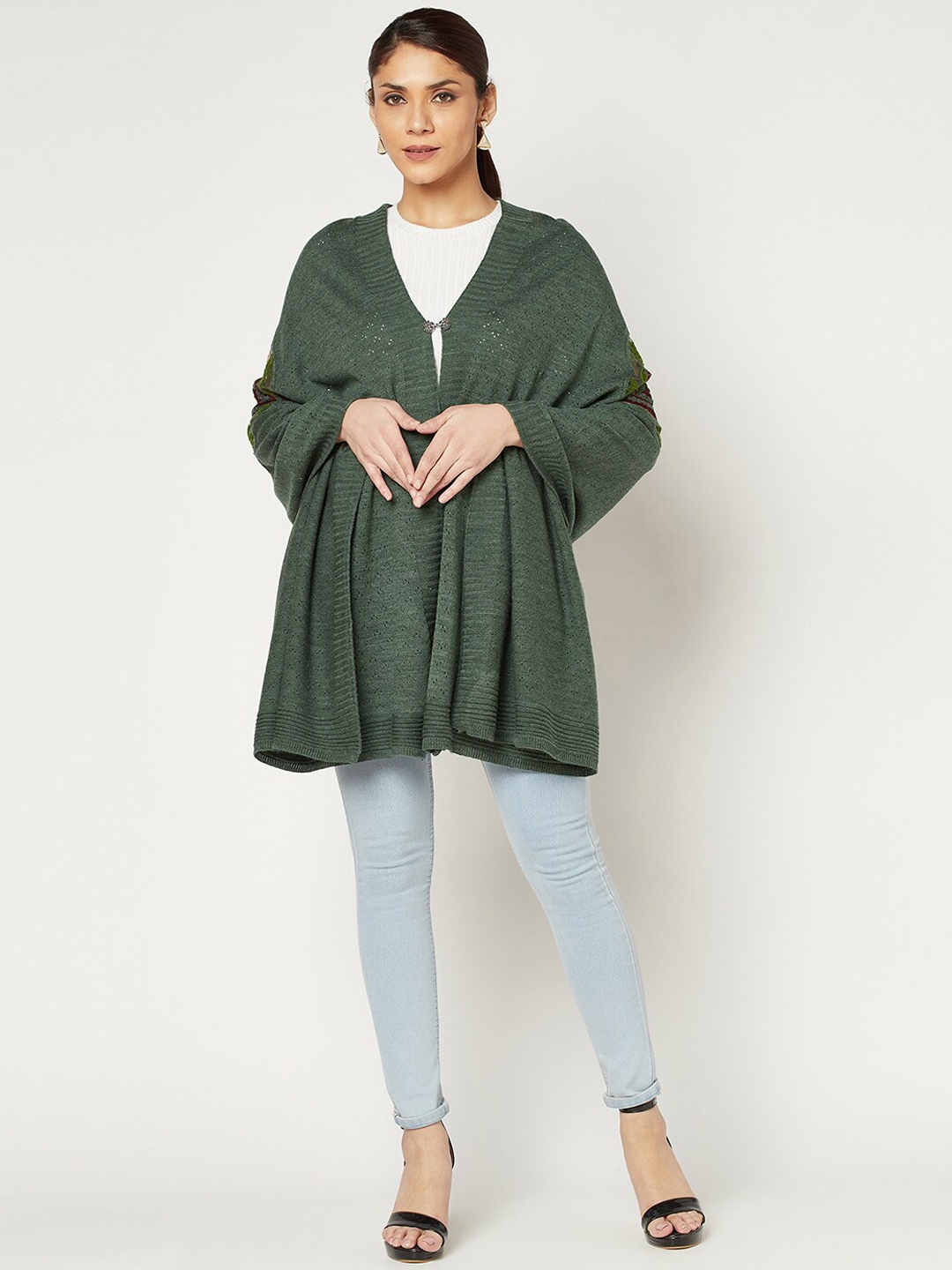 

Knitstudio Women Embroidered Knitted Shawl, Green