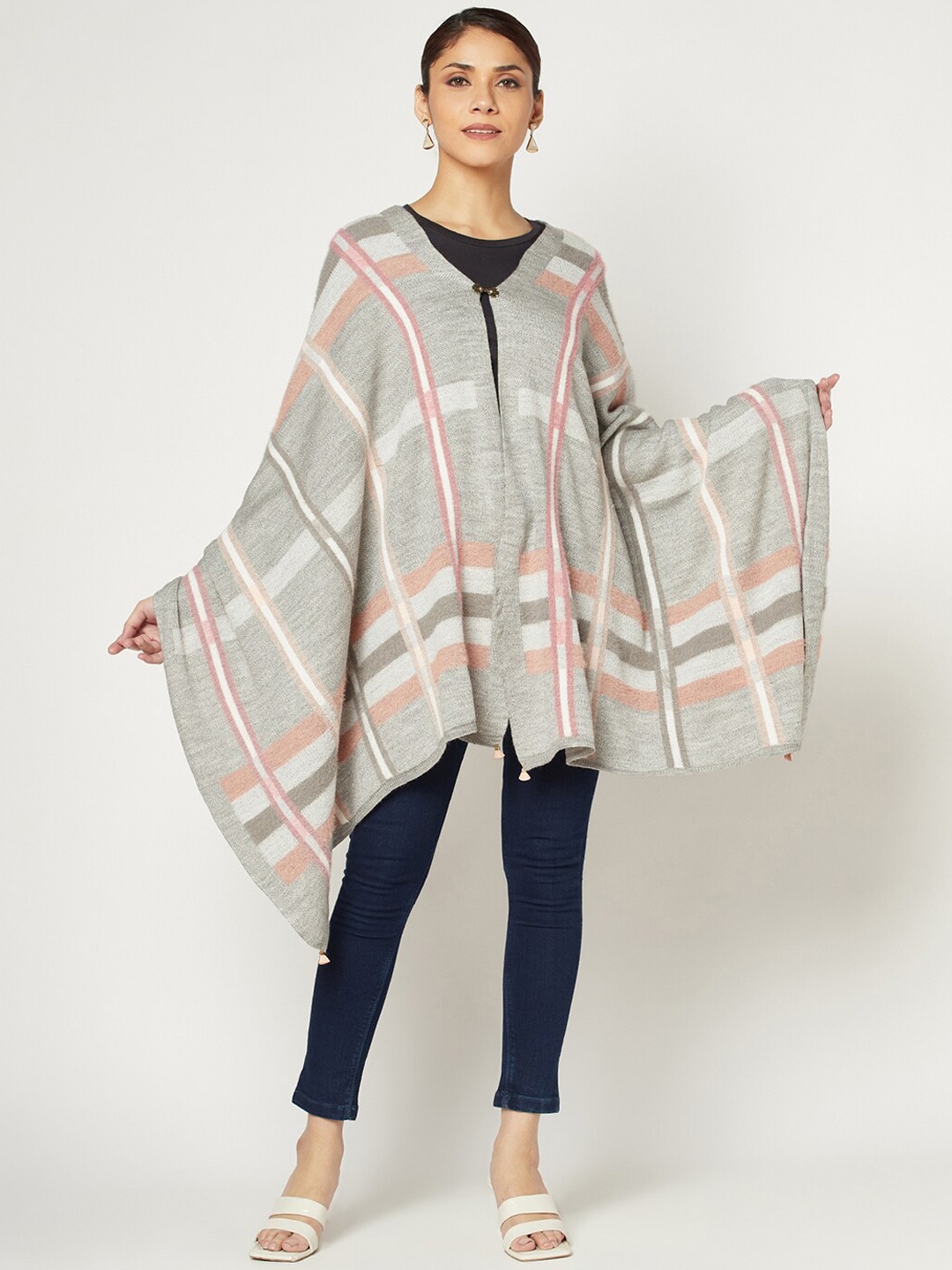 

Knitstudio Women Checked Knitted Casual Shawl, Grey