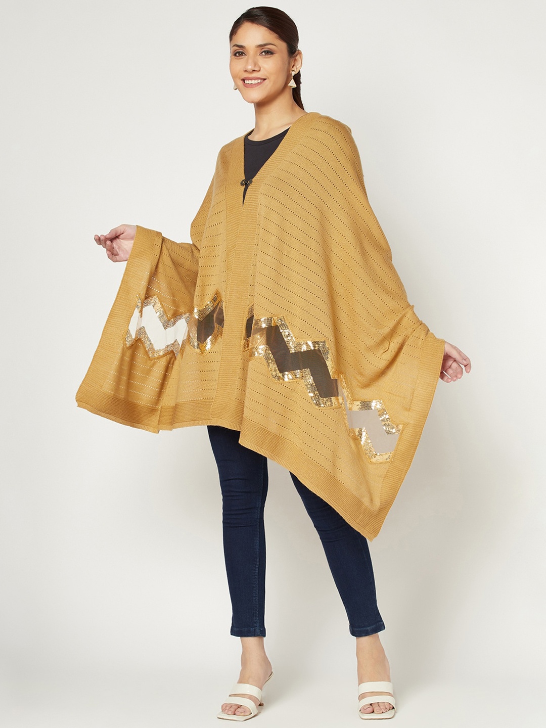 

Knitstudio Women Embroidered Knitted Shawl, Beige