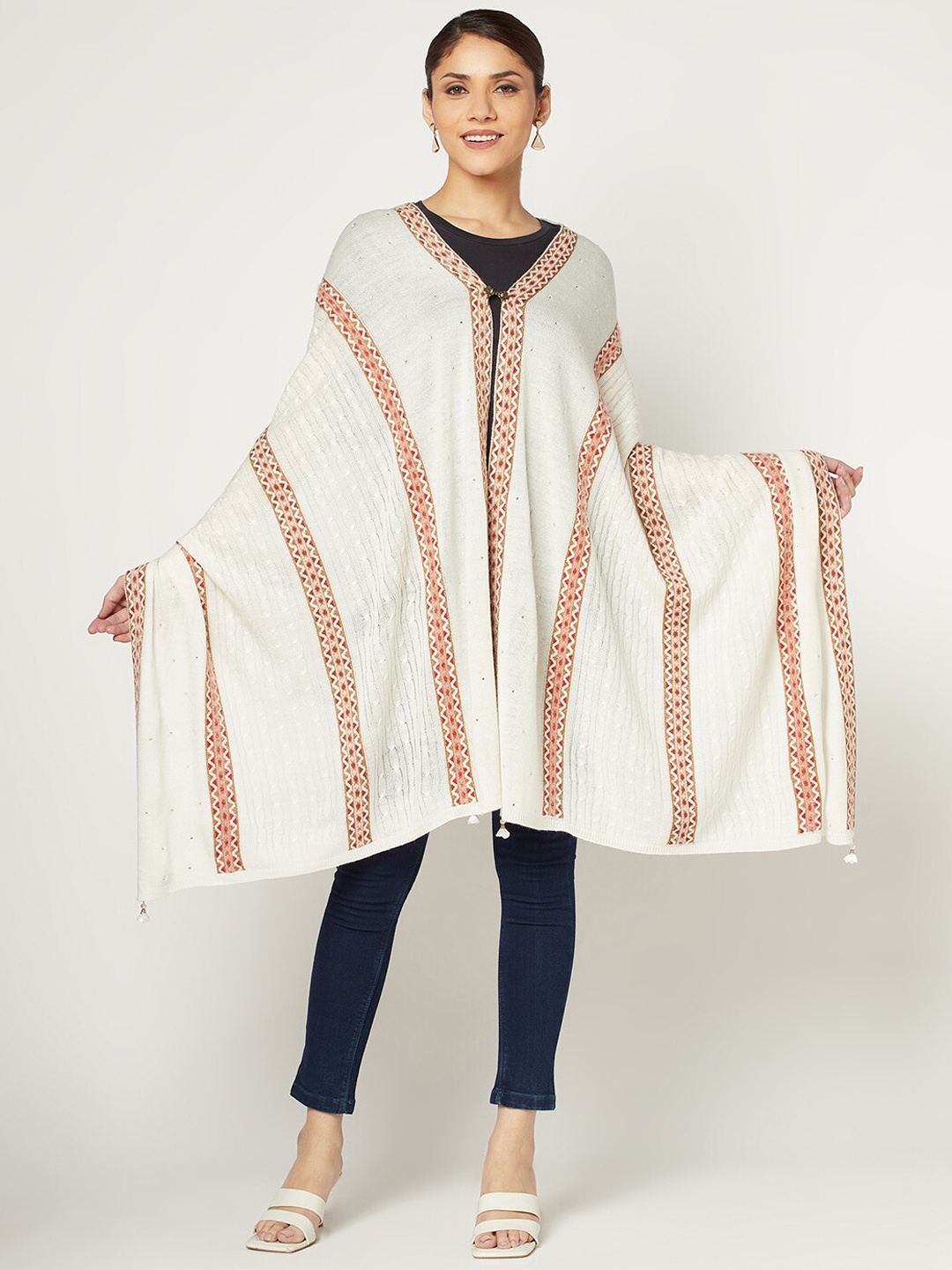 

Knitstudio Women Striped Knitted Shawl, White