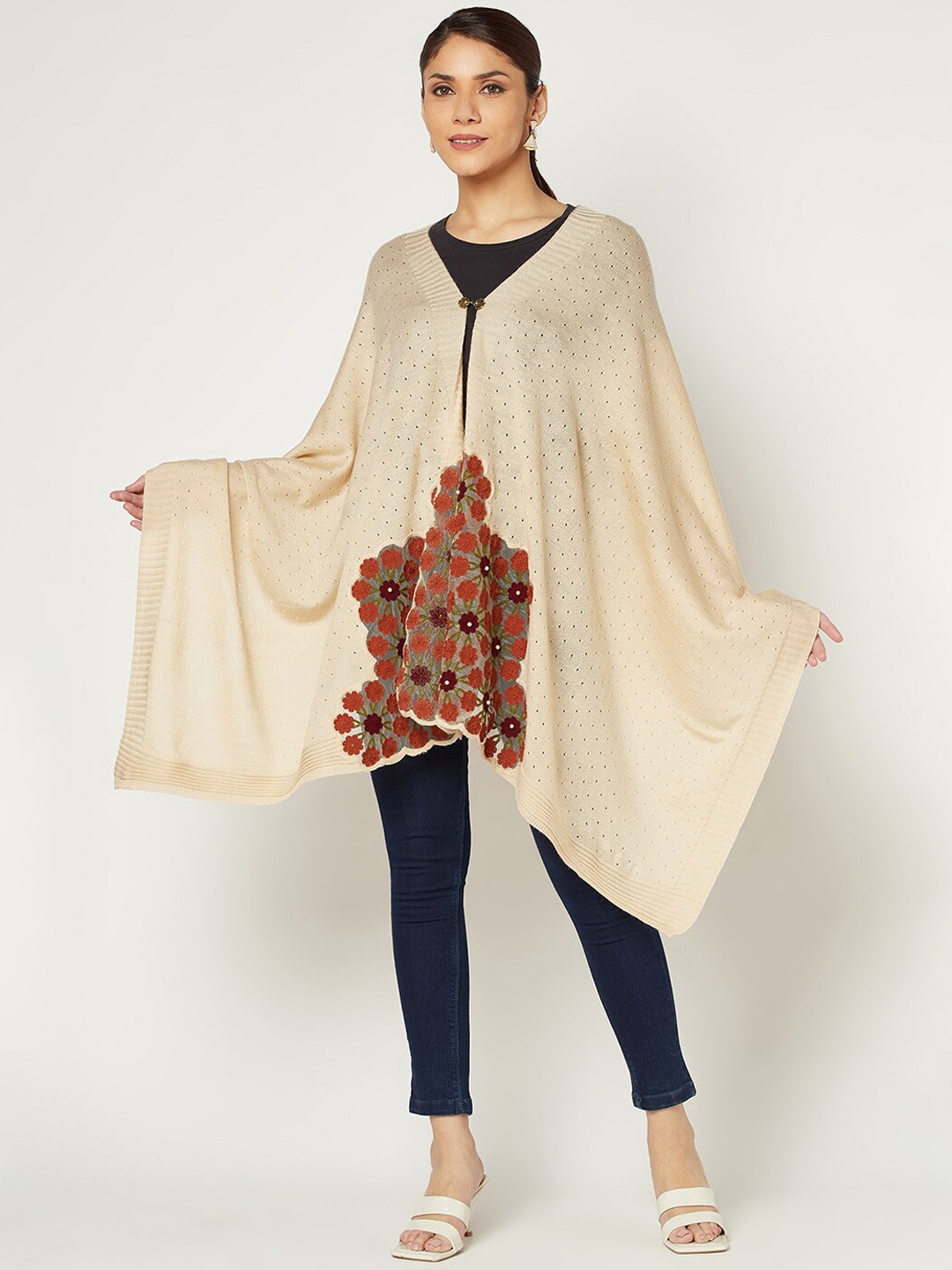 

Knitstudio Women Embroidered Knitted Shawl, Beige