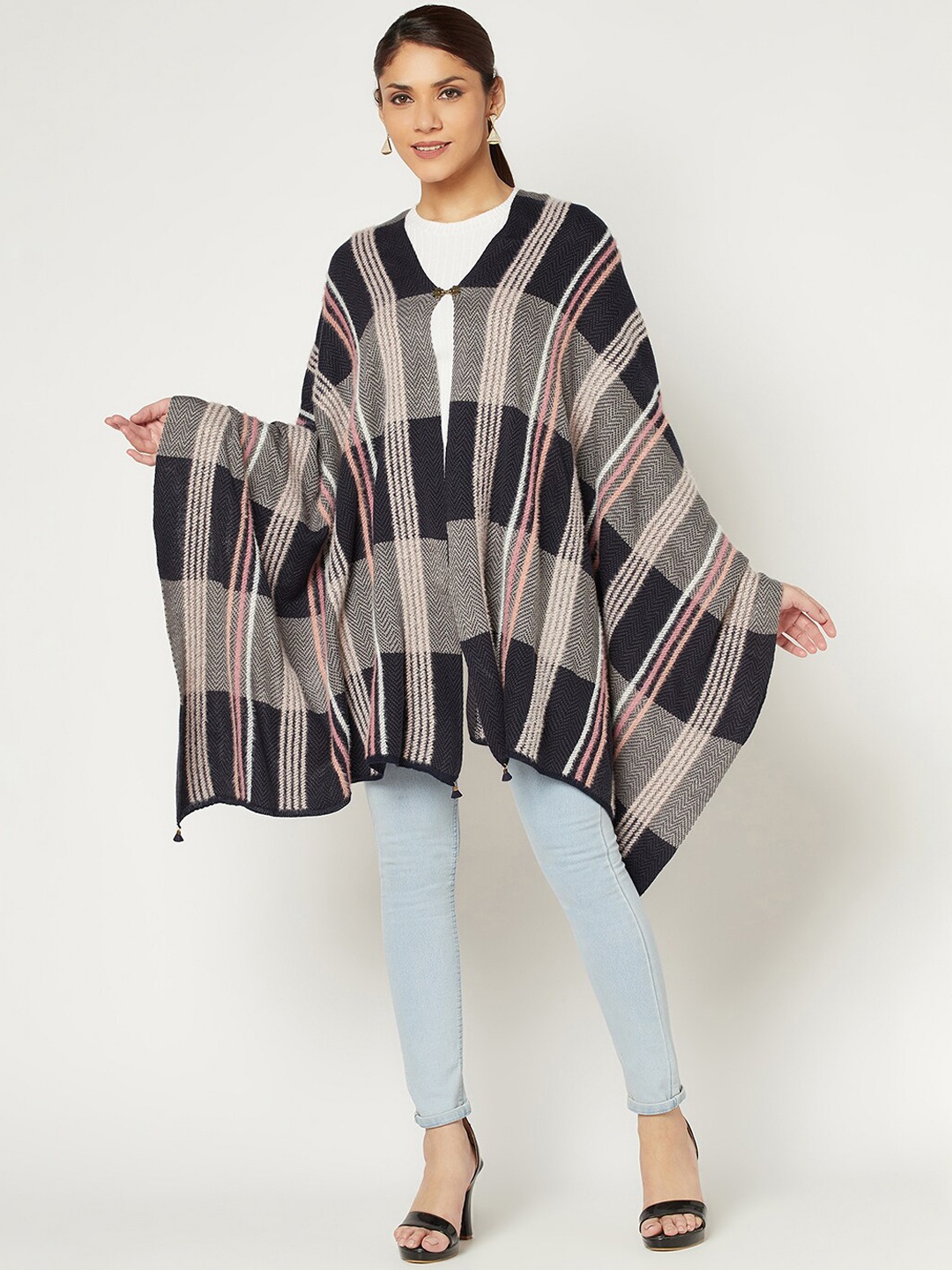 

Knitstudio Women Checked Knitted Shawl, Navy blue
