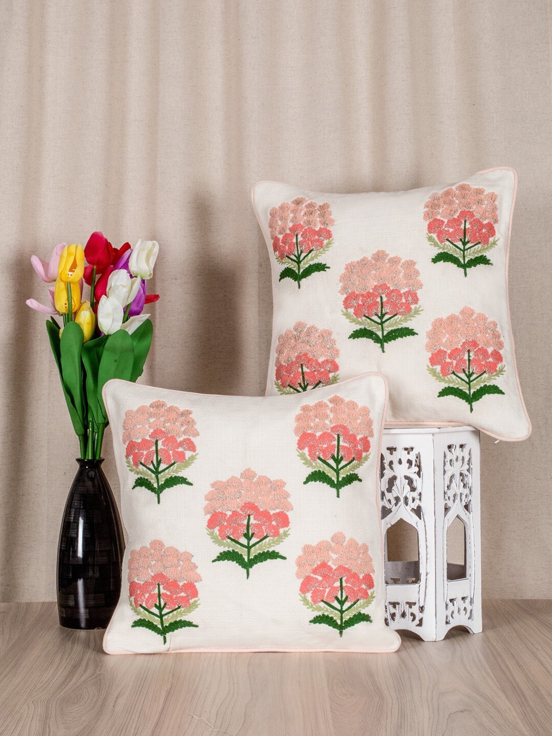 

SHADES of LIFE White & Pink Set of 2 Embroidered Cotton Square Cushion Covers