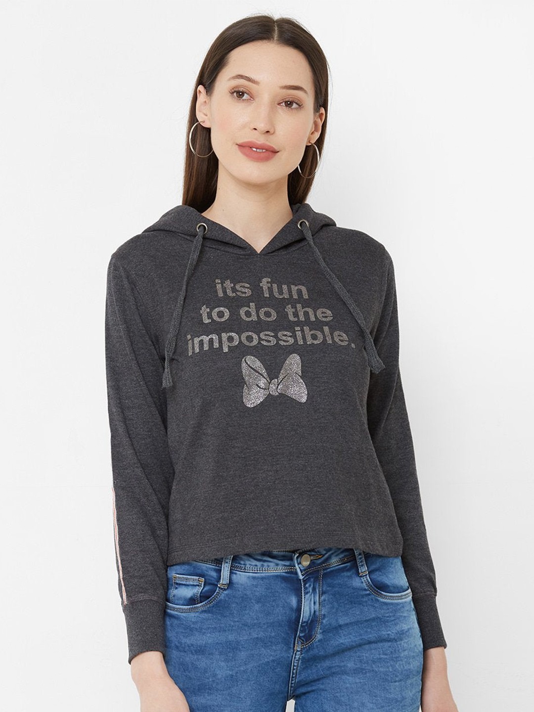 

Kraus Jeans Women Typography Printed T-shirt With Hood, Grey melange