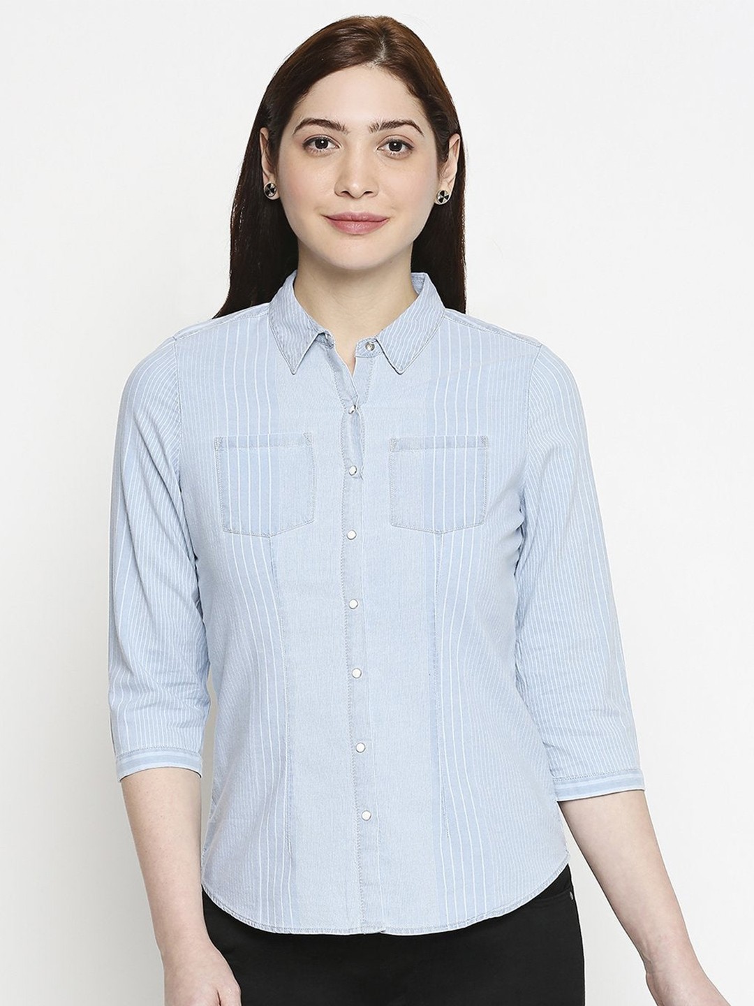 

Kraus Jeans Women Striped Cotton Casual Shirt, Blue