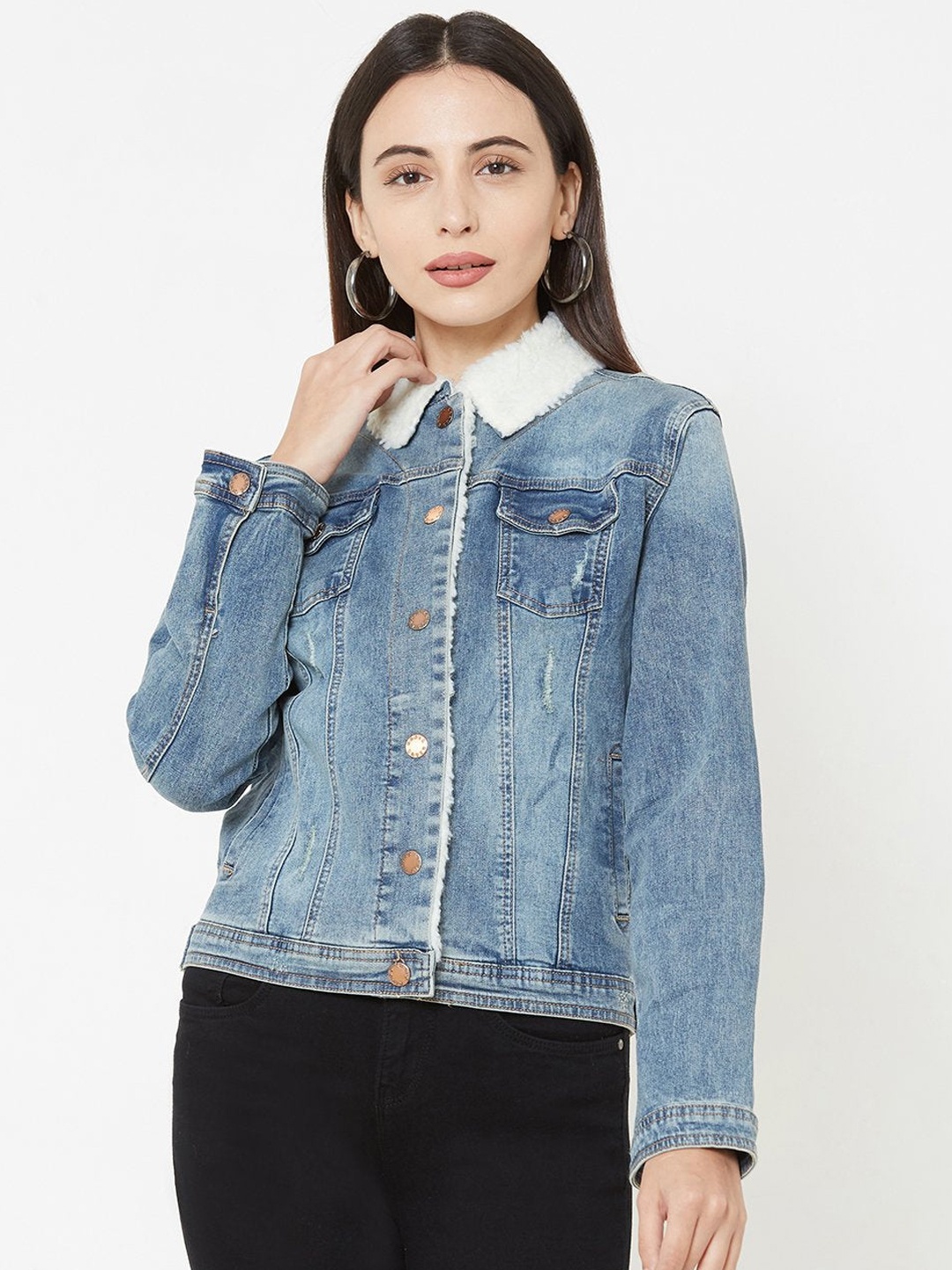 

Kraus Jeans Women Blue Washed Cotton Crop Denim Jacket