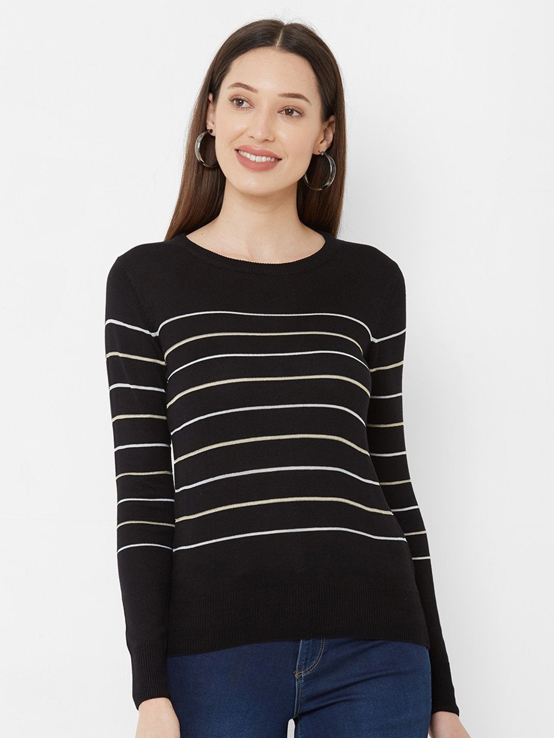 

Kraus Jeans Women Striped Round Neck T-shirt, Black