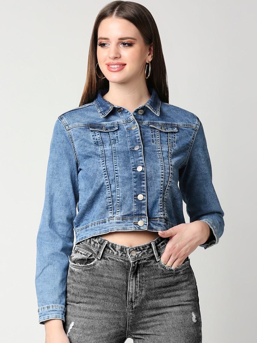 

Kraus Jeans Women Washed Crop Denim Jacket, Blue