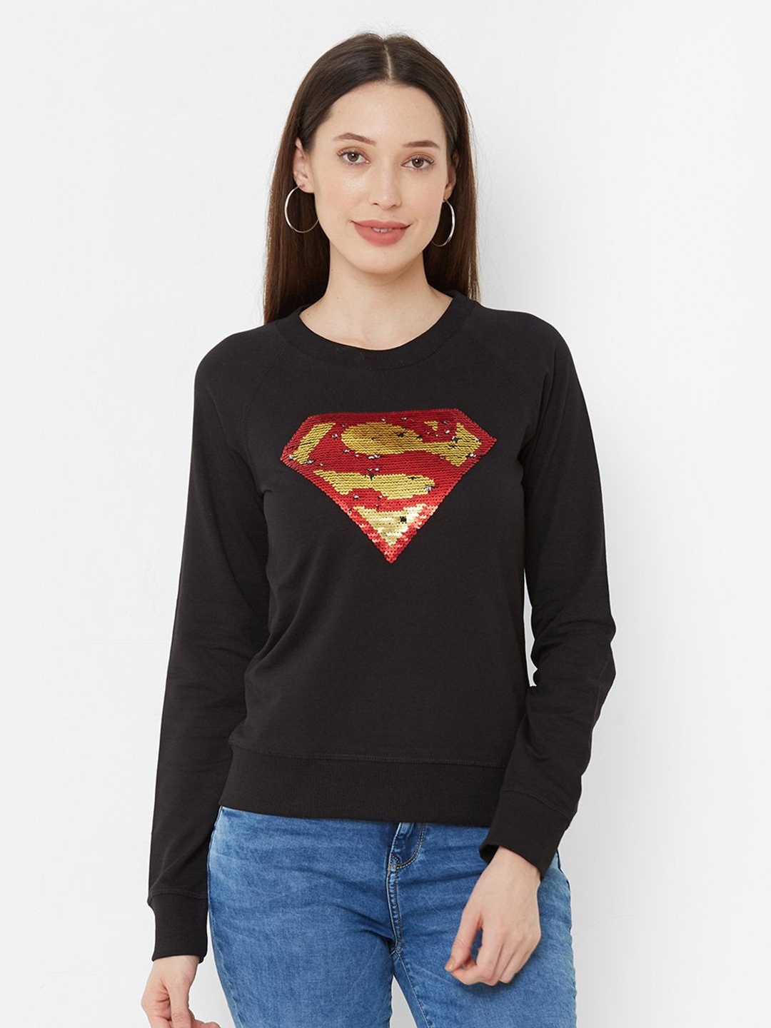 

Kraus Jeans Women Superman Printed Round Neck Cotton T-shirt, Black