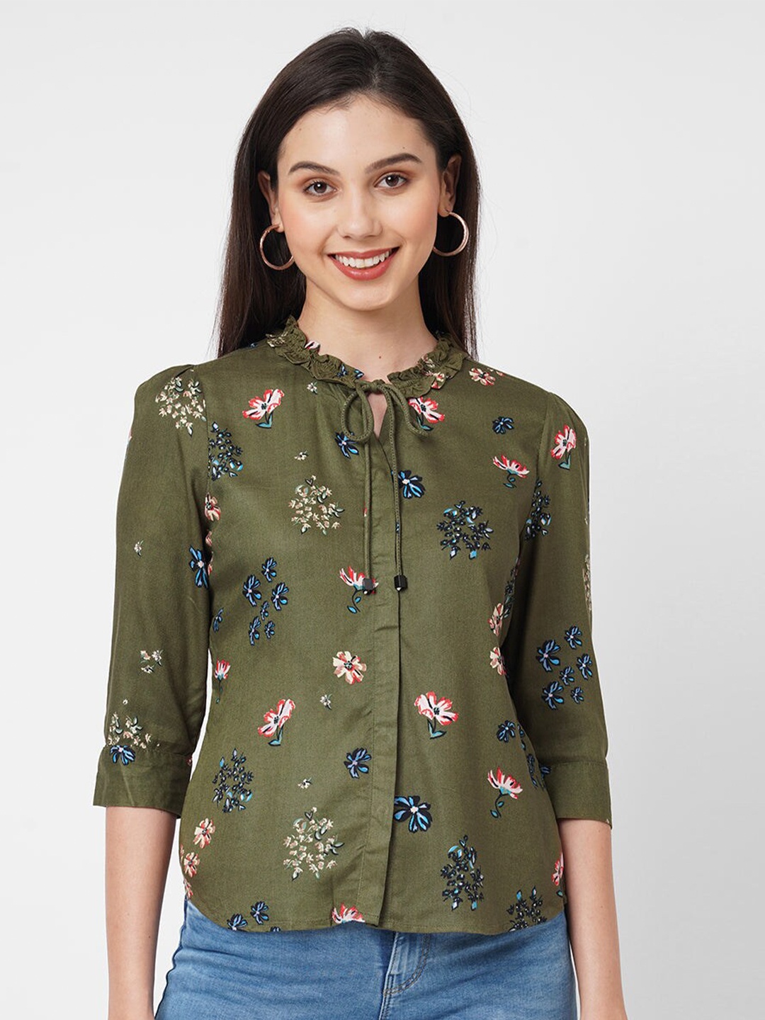 

Kraus Jeans Women Floral Printed Cotton Casual Shirt, Olive