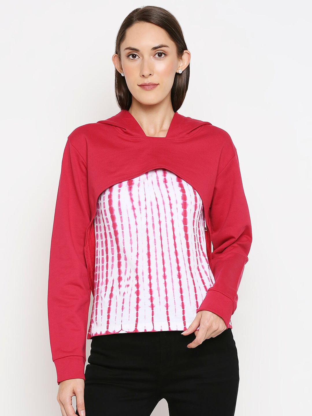 

Kraus Jeans Women Hooded Striped CottonT-shirt, Pink