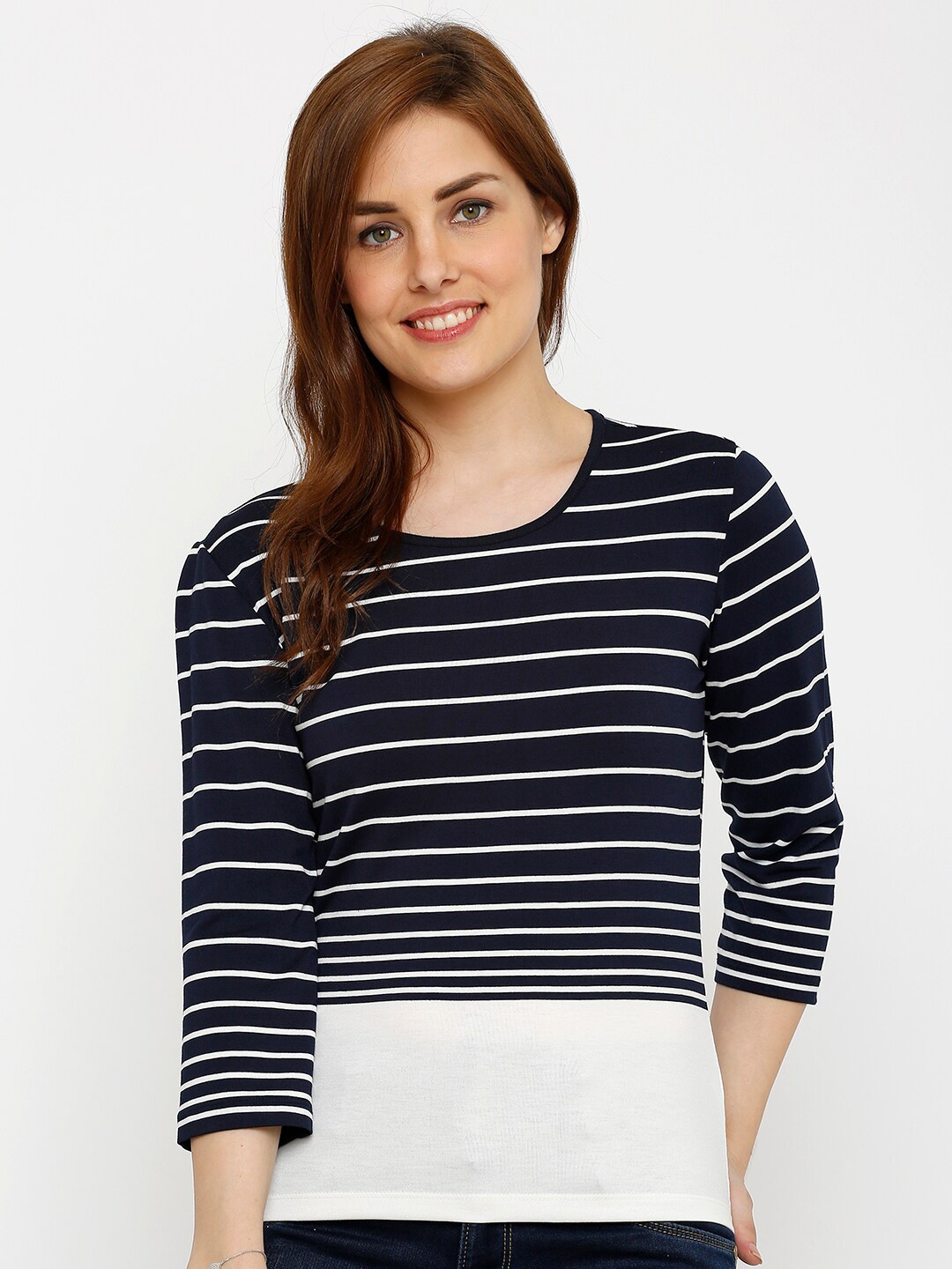 

Kraus Jeans Women Striped Round Neck T-shirt, Navy blue