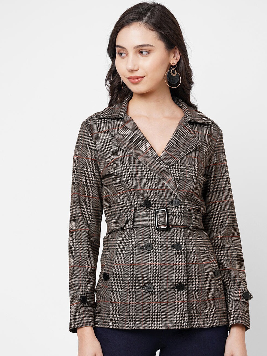 

Kraus Jeans Women Checked Longline Tailored Jacket, Brown