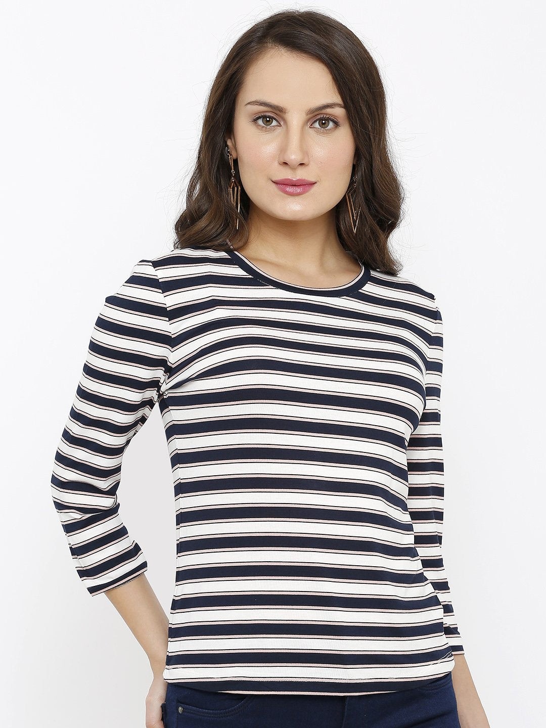 

Kraus Jeans Women Striped Round Neck T-shirt, Navy blue