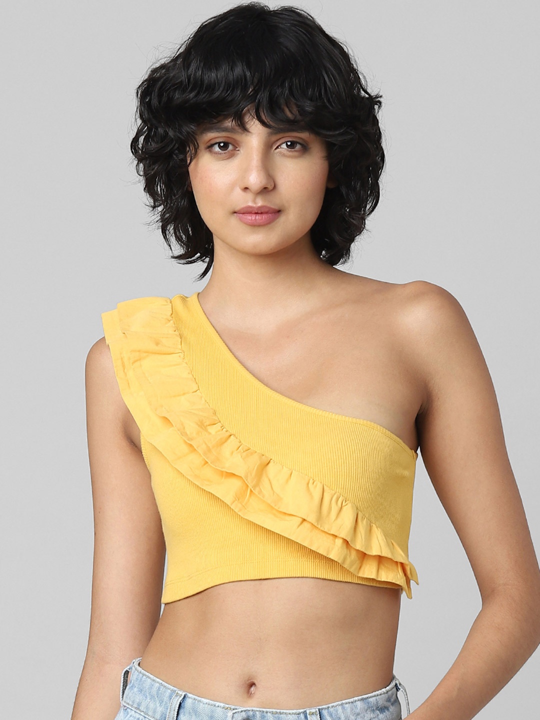 

ONLY One Shoulder Ruffles Crop Top, Yellow