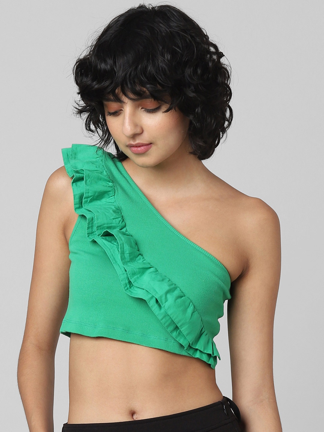 

ONLY One Shoulder Ruffles Crop Top, Green