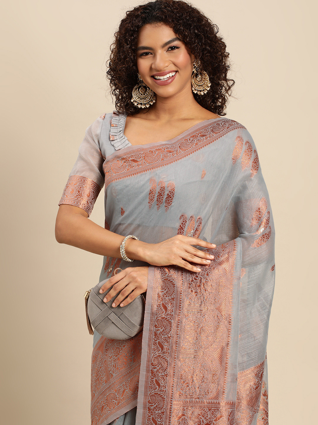 

Mitera Grey & Rose Gold Paisley Zari Pure Linen Banarasi Saree