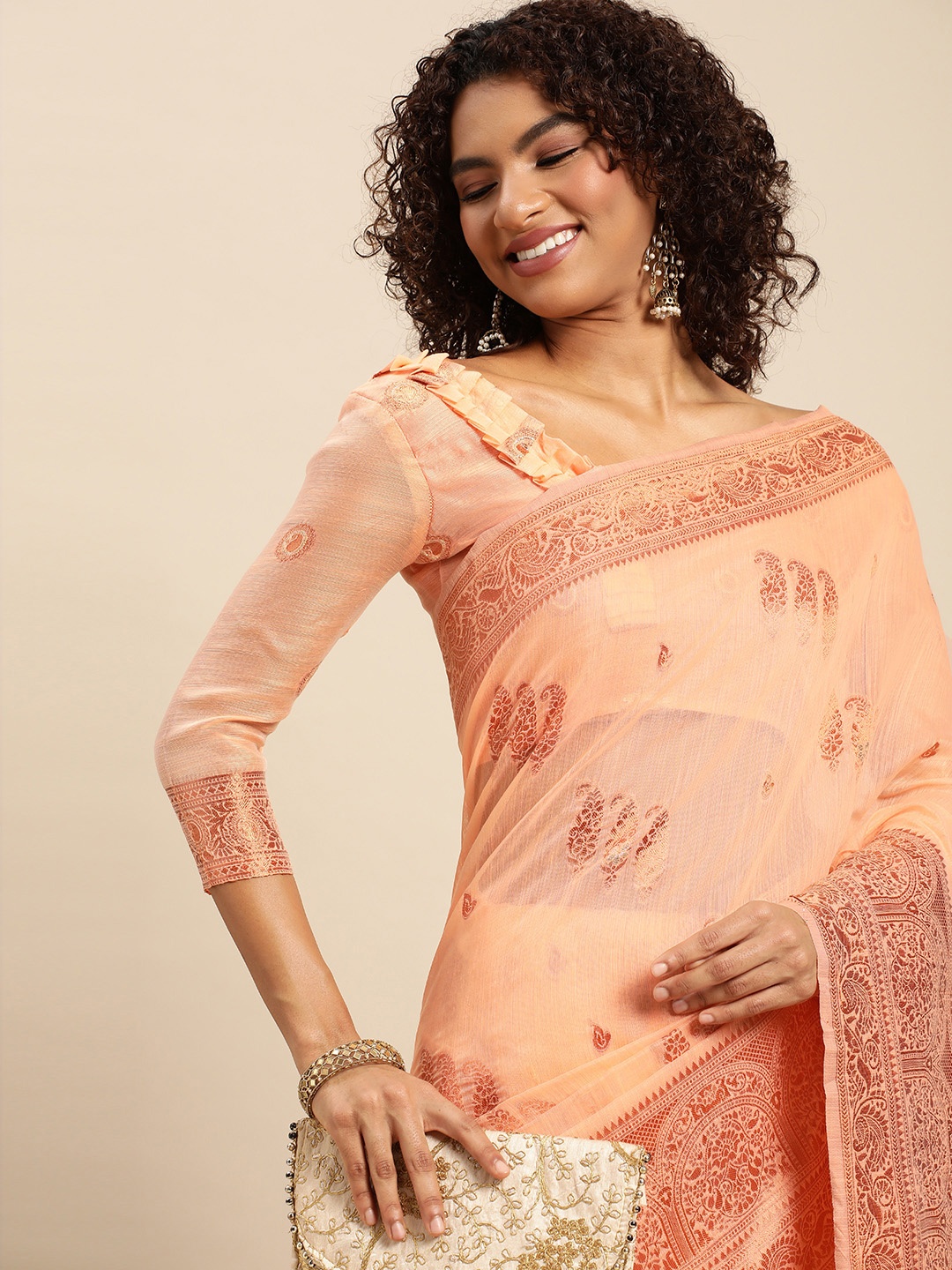

Mitera Peach-Coloured Paisley Pure Linen Banarasi Saree